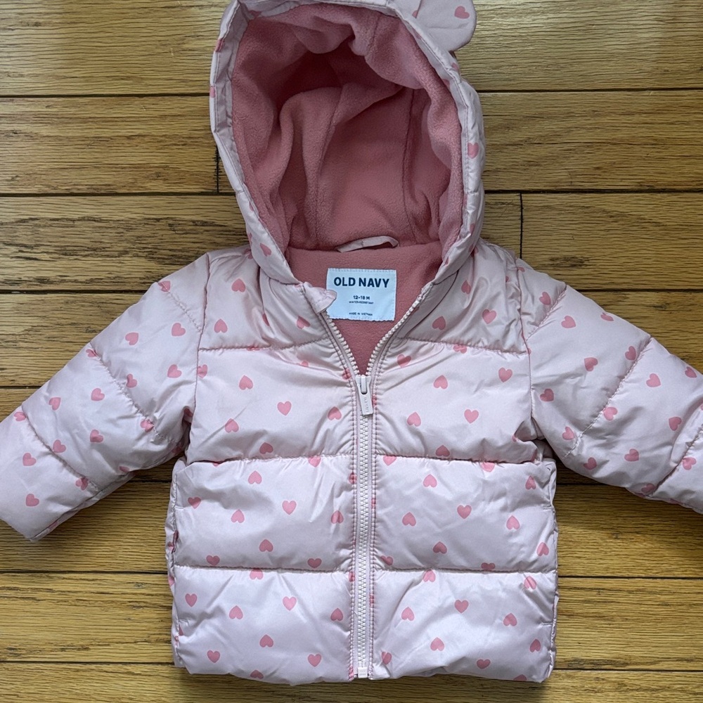 Old Navy girls 12-18 month light pink heart winter puffer coat